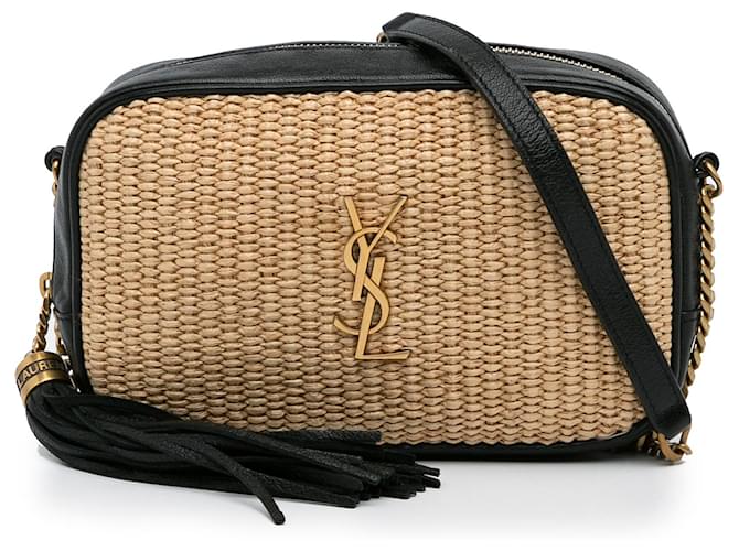 Saint Laurent Brown Raffia Monogram Lou Camera Bag Black Beige