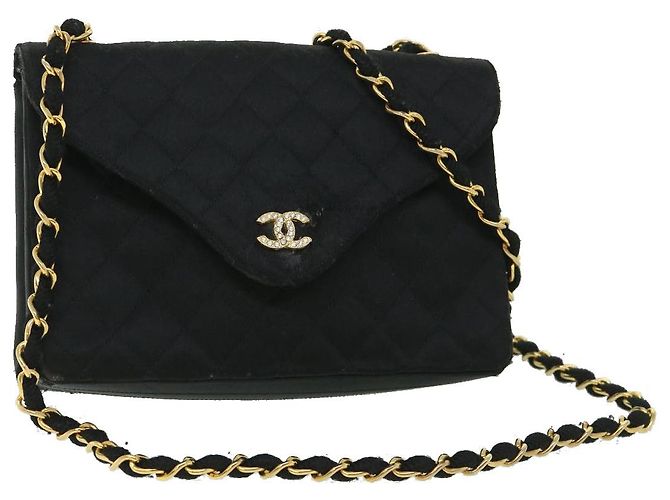 CHANEL Borsa a Spalla Matelassé con Catena Satin Nero Oro CC Auth bs8554 D'oro