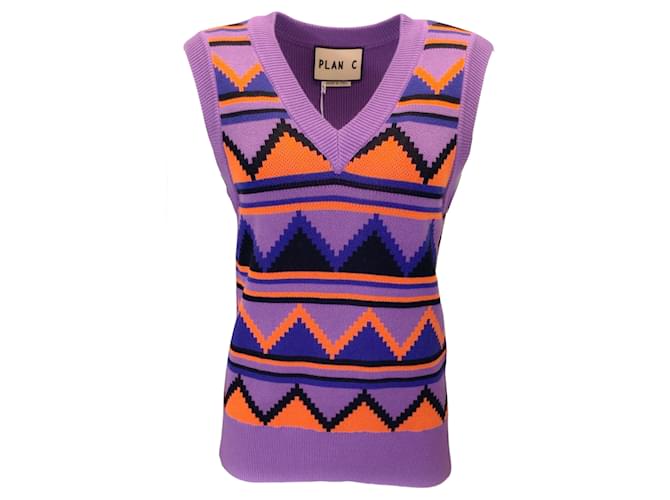 Autre Marque Plan C Purple / Orange Multi Patterned Knit Sleeveless V-Neck Cotton Knit Sweater  ref.1084284