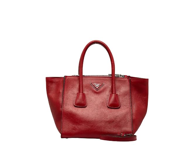 Tote Prada Leather Triangle Logo Plate 2WAY Handbag Red in Good Condition  ref.1084427