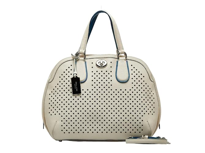 Bolso de mano Coach de cuero perforado 2WAY Blanco Azul en Muy Buen Estado  ref.1084537