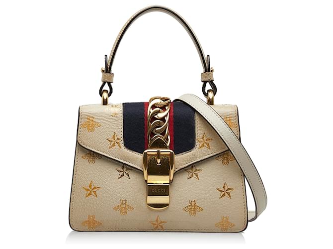 Gucci White Mini Sylvie Bee Star Top Handle Bag Leather Pony-style calfskin  ref.1084714