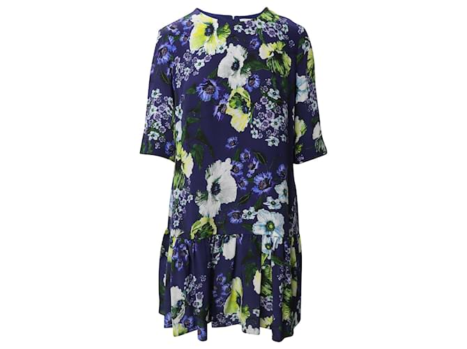 Erdem Emmie Floral Print Short Sleeve Dress in Blue Silk  ref.1084958