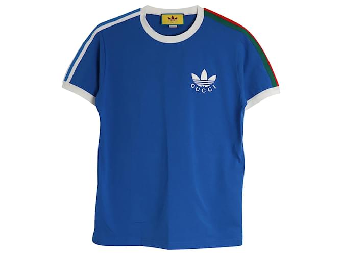 T-shirt con logo Gucci x Adidas in cotone blu  ref.1084986