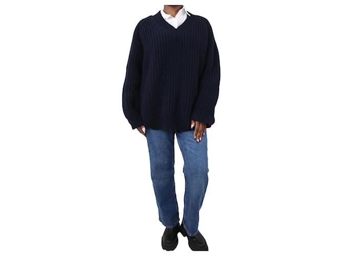 Autre Marque Navy blue oversized v-neck jumper - size L Wool  ref.1085177
