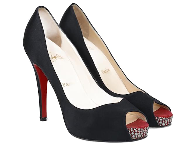 Christian Louboutin Zapatos de plataforma peep toe con adornos de cristal negros Lienzo  ref.1085842
