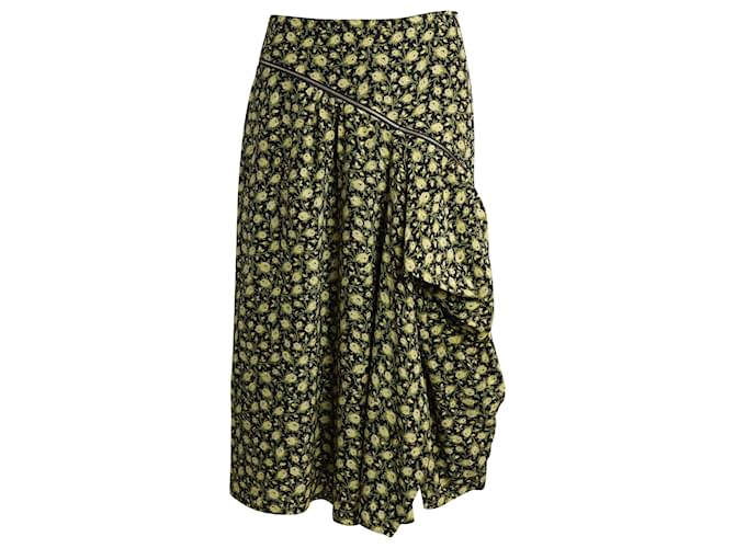 Burberry Zip-detailed Draped Floral Midi Skirt in Yellow and Green