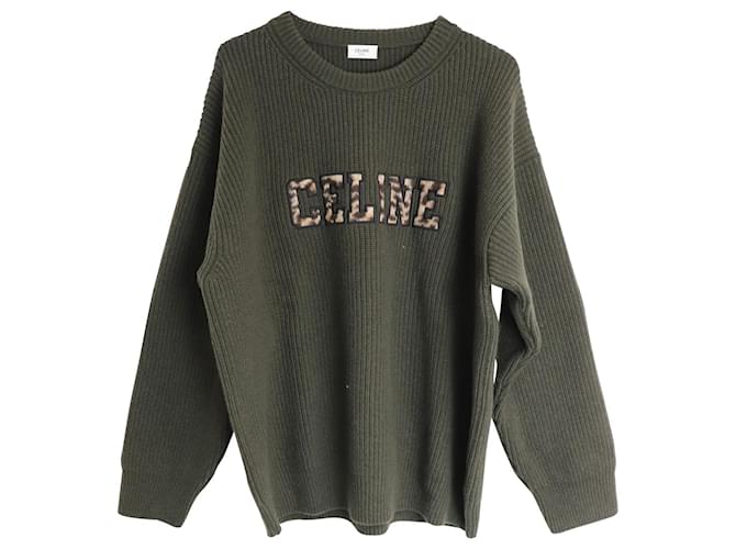 Céline Celine Oversized Leopard Logo Crewneck Sweater In Green Wool  ref.1085906