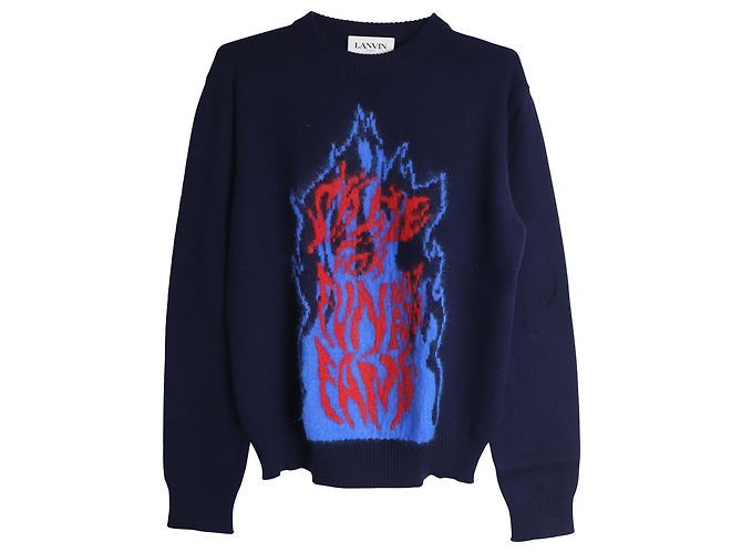 Lanvin Flame Slogan Intarsia-Knit Jumper In Navy Blue Wool