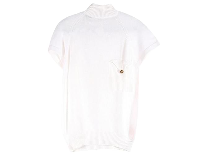 Maglione Chanel con bottoni a forma di trifoglio a maniche corte a collo alto in cotone bianco bianco  ref.1085947