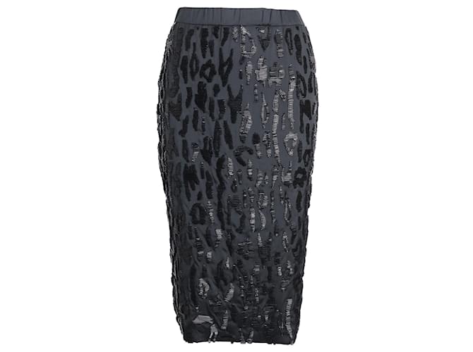 Prada Perlenbesetzter Leoparden-Bleistiftrock aus schwarzem Polyester  ref.1085978