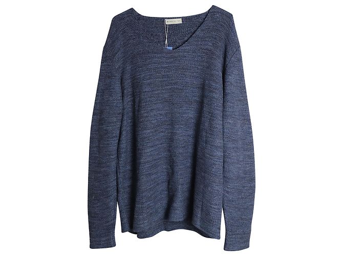 Etro-Strickpullover mit V-Ausschnitt aus blauem Baumwollleinen