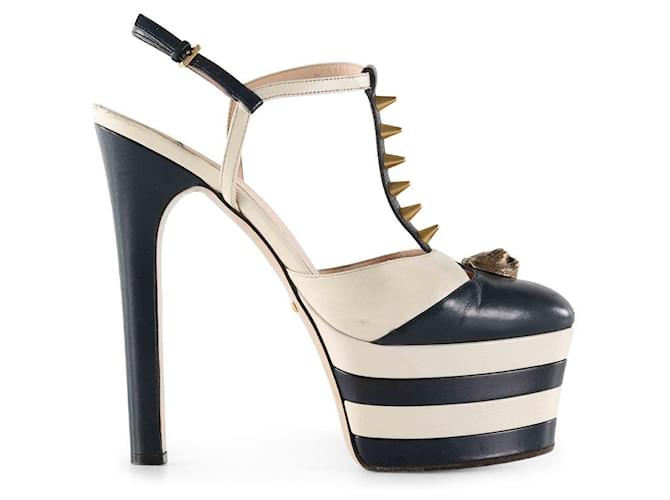 Gucci Navy Blue & Off-White Leather Spike Studded Platform Ankle Strap Sandals  ref.1086337