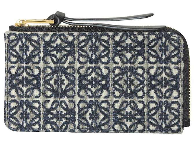 Loewe Anagram Coin and Card Holder in Navy Jacquard and Black Leather  ref.1086399