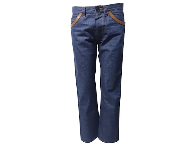 Prada Denim Leather Trim Straight Leg Jeans in Blue Cotton  ref.1086401