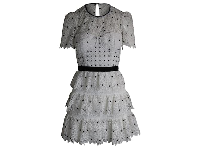 Self portrait Self-Portrait Tiered Polka Dot Floral Lace Mini Dress in White Polyester  ref.1086407