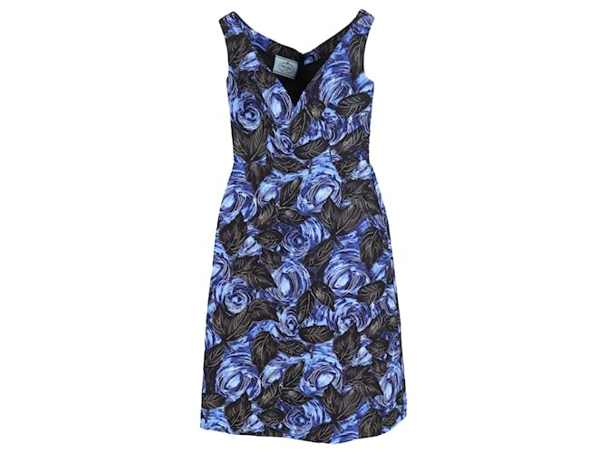 Schulterfreies Blumenkleid von Prada aus blauer Viskose Zellulosefaser  ref.1086464