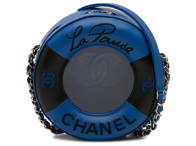 Bandolera redonda Chanel Blue Coco Lifesaver Negro Azul Cuero  ref.1086533