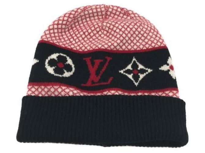 ***LOUIS VUITTON (Louis Vuitton)  Bonnet d'Euvre Bonnet en maille LV Rouge Bleu Marine