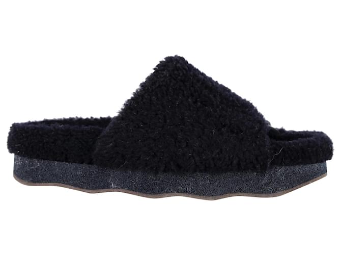 Chloé Chloe Wavy Slides in Black Shearling and Leather  Fur  ref.1086594