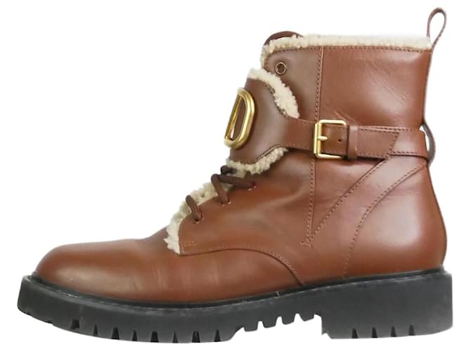 Valentino Brown fur lined lace up boots with brand logo - size EU 41 Leather  ref.1086600