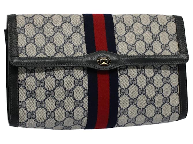 GUCCI GG Canvas Sherry Line Clutch Bag Gray Red Navy 41 014 3087 30 auth 54692 Grey Navy blue  ref.1086659
