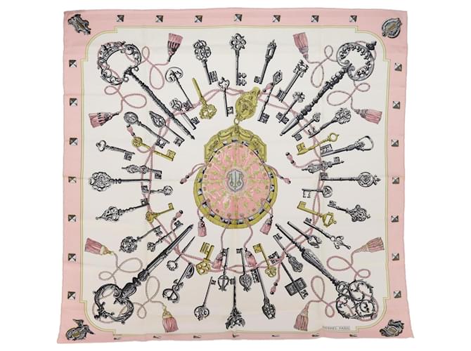 Hermès HERMES CARRE 90 LES CLES Scarf Silk Pink White Auth 54380  ref.1086714