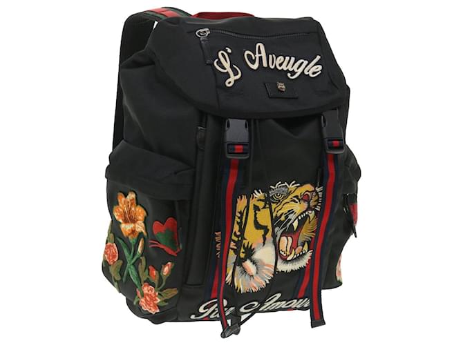 GUCCI Embroidered Tiger Web Sherry Line Backpack Nylon Black 429037 Auth 55638A  ref.1086876