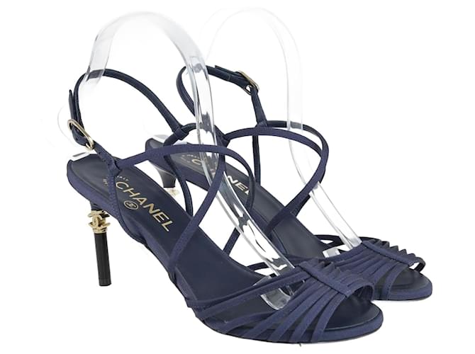 Chanel Navy Blue CC Heels Ankle Strap Sandal Leather  ref.1086962