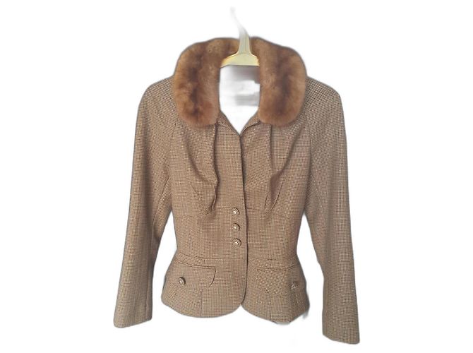 Christian Dior Houndstooth Wool Jacket with Mink Collar Brown