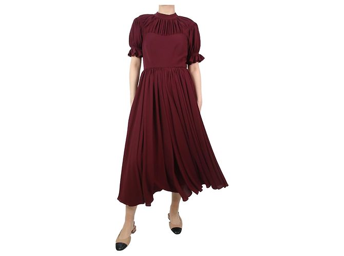 Autre Marque Burgunderfarbenes, kurzärmliges, gerafftes Midikleid – Größe UK 10 Bordeaux