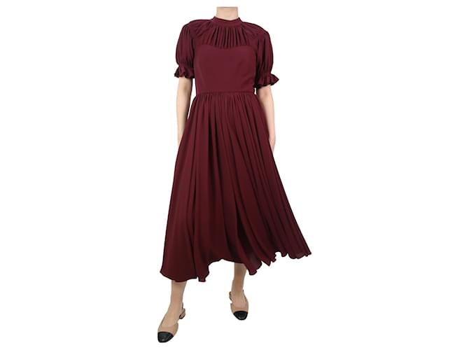Autre Marque Burgundy short-sleeved gathered midi dress - size UK 10 Dark red Polyester  ref.1087193