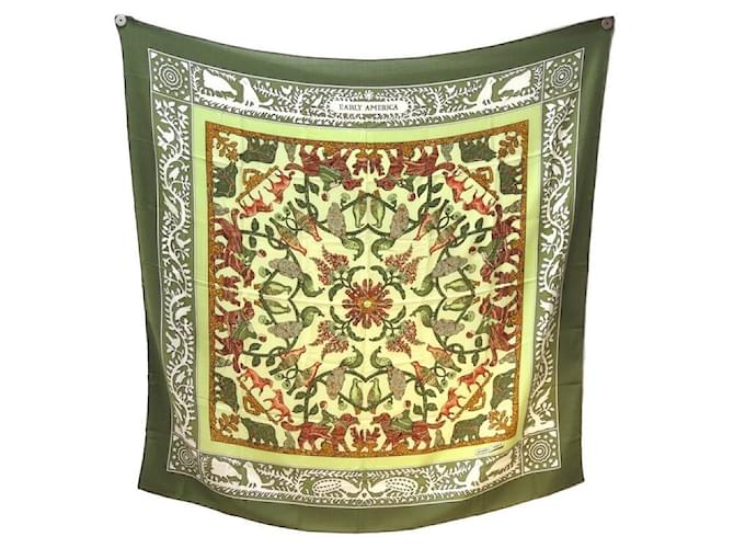 Hermès HERMES EARLY AMERICA PERRIERE CHALE IN CASHMERE AND GREEN SILK SCARF SHAWL  ref.1087463