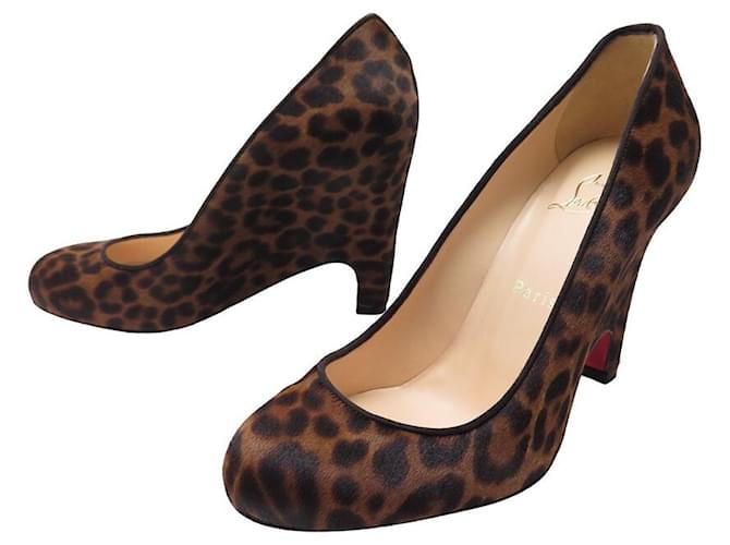 Christian Louboutin NEW CRHISTIAN LOUBOUTIN MORPHING WEDGE SHOES 38 FOAL LEOPARD SHOES Black Pony-style calfskin  ref.1087584