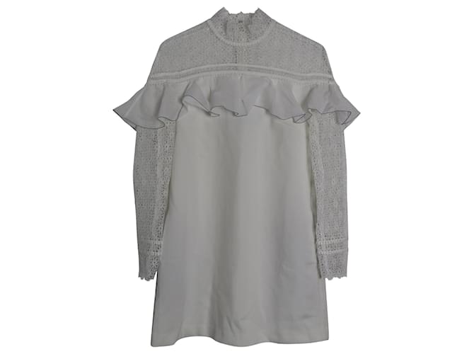 Self Portrait Military Cape Embroidery Lace Ruffle Shoulder Dress in White Polyester Viscose  ref.1087707