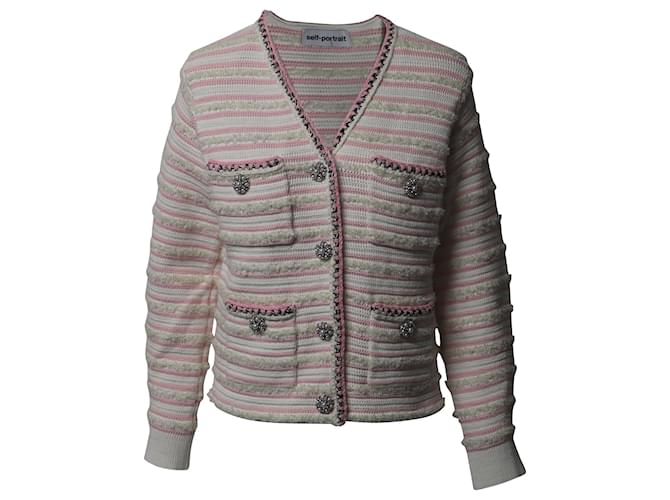 Self portrait Self-Portrait Rhinestone-Embellished Striped Cardigan In Pink Cotton  ref.1087712