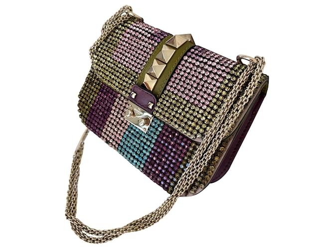 Valentino Garavani Small Glam Lock Crystal Embellished Shoulder Bag in Multicolor Leather Multiple colors Acrylic  ref.1087716