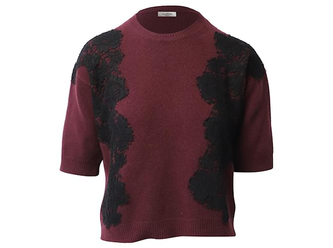 Valentino Garavani Lace-Trimmed Knit Top in Burgundy Red Wool Dark red  ref.1087733