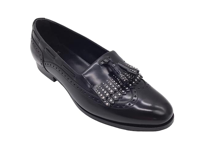 Céline Celine Black / Silver Studded Tassel Detail Oxford Loafers / Flats Leather  ref.1088691