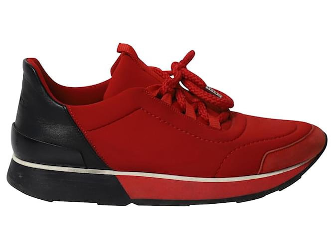 Hermès Sneakers basse Hermes Miles in tela rossa Rosso Pelle  ref.1088749