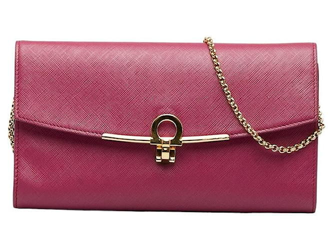 Salvatore Ferragamo Gancini Clip Mini Leather Wallet On Chain AU-22 C278 Pink  ref.1088831