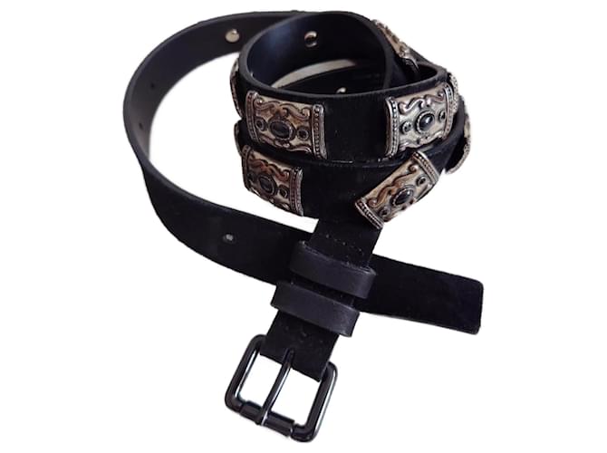 The Kooples black suede belt Silvery Deerskin  ref.1088890