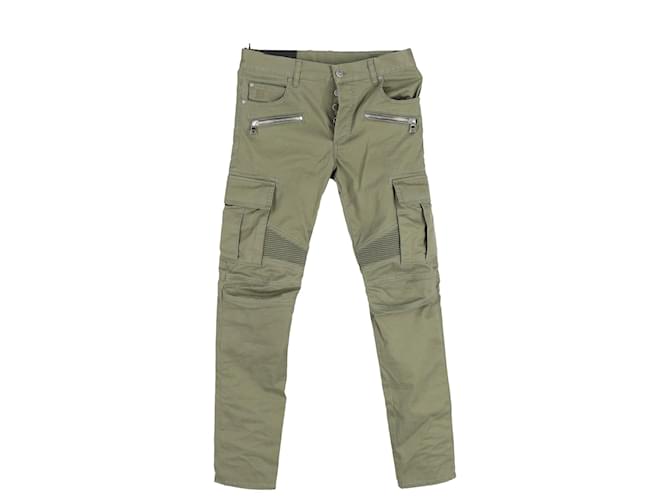Pantalones cargo de corte slim con logo estampado de Balmain en algodón verde  ref.1089239