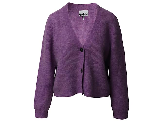 Ganni Ribbed-Knit Cardigan in Purple Alpaca Wool  ref.1089263