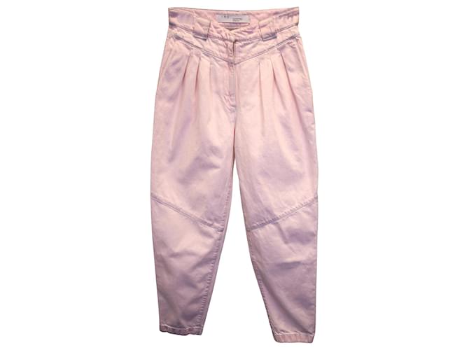 Pantaloni affusolati con pieghe a vita alta Iro in denim di cotone rosa  ref.1089299