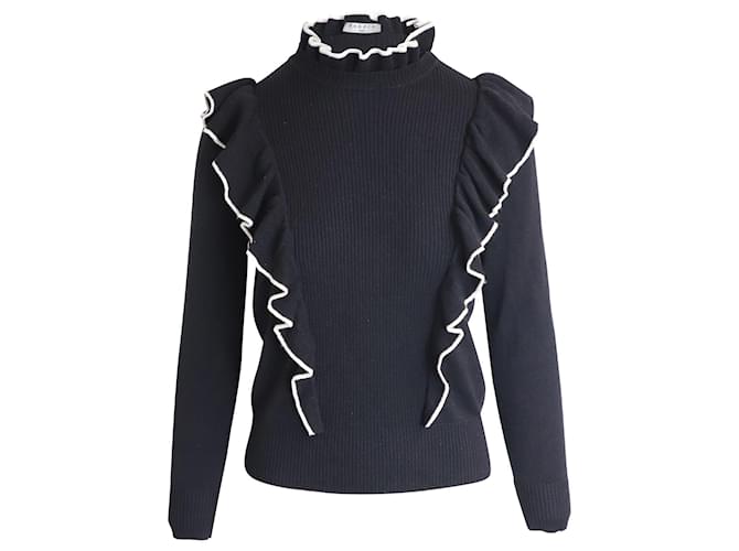 Sandro Paris Wool Blend Sweater with Ruffles in Black Acrylic  ref.1089310