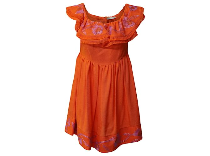 Mary Katrantzou Marietta Minivestido bordado com ombros de fora em viscose laranja Fibra de celulose  ref.1089314
