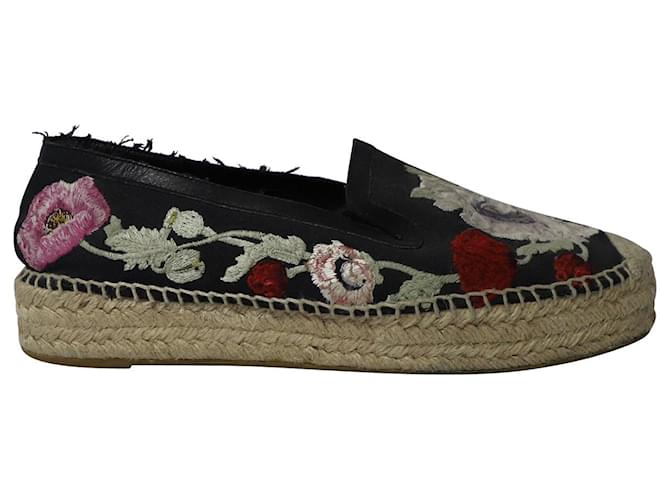 Alexander McQueen Floral Embroidered Espadrille Slip-Ons in Black Canvas Cloth  ref.1089328