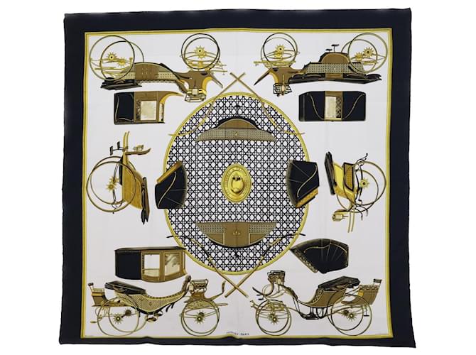 Hermès HERMES CARRE 90 LES VOITURES A TRANSFORMATION Scarf Silk Black White Auth 55626 Yellow  ref.1089705