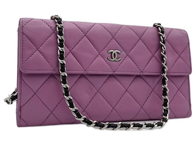 Portafoglio Chanel con catena Timeless Classique trapuntato rosa Fuschia Agnello Pelle  ref.1090095